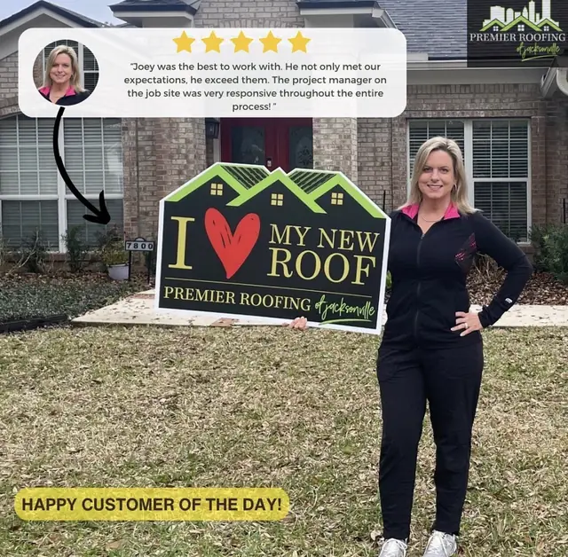 Happy homeowner holding a Premier Roofing new roof sign, with a customer testimonial above
